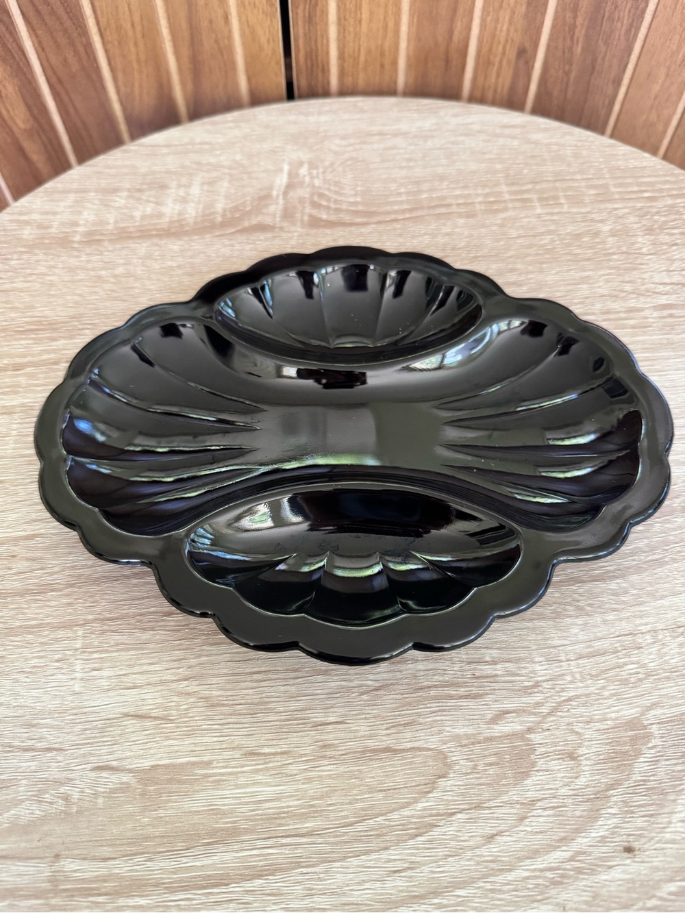 Vintage Black Scalloped 3-Section Ceramic Serving Platter